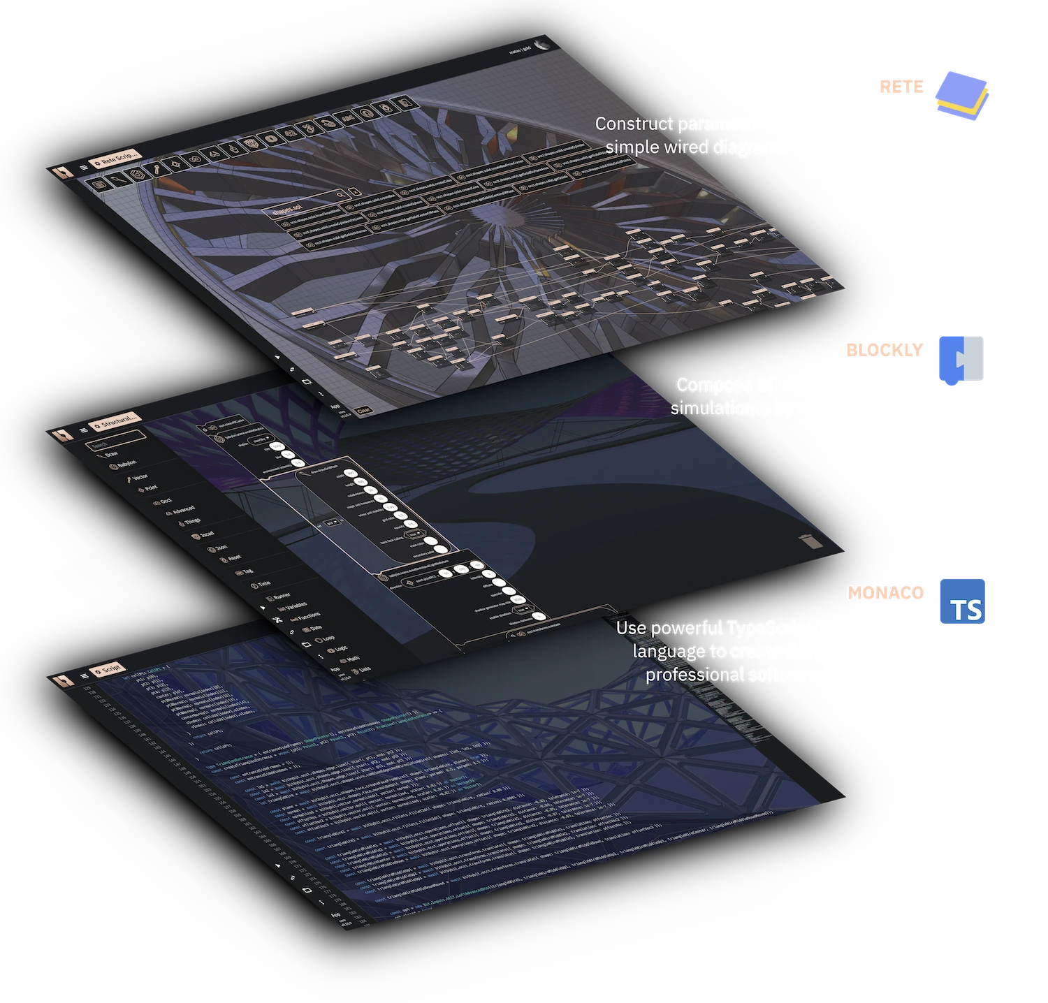 Three editors of bitbybit.dev explained in a single diagram.