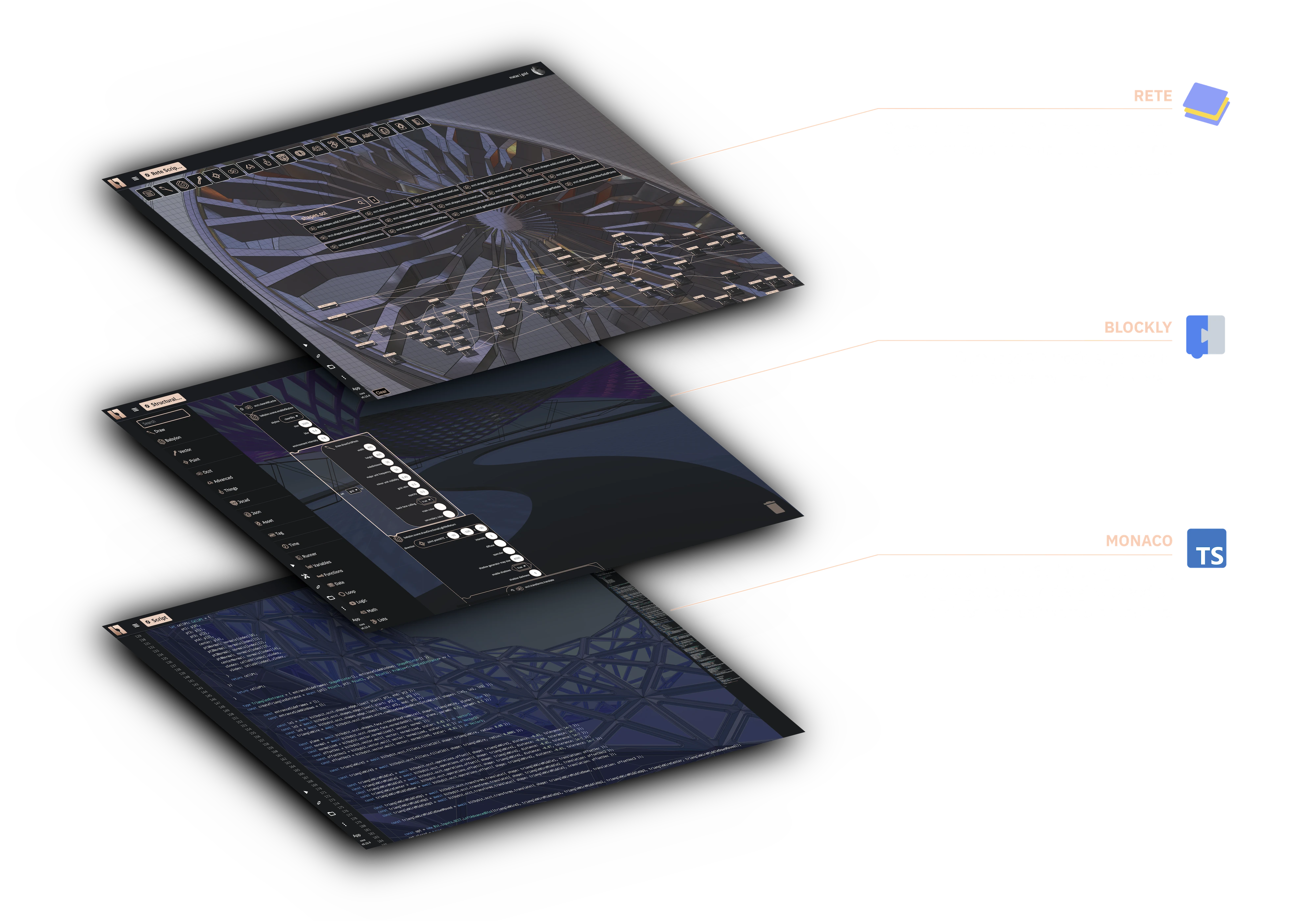 Three editors of bitbybit.dev explained in a single diagram.